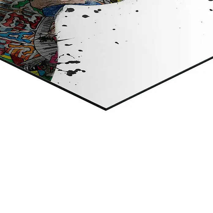 Reinders Decopanel - Creation Art, B x H: 90 x 30 cm - Das Bild zeigt ein modernes Kunstwerk mit farbenfrohen Mustern und schwarzen Farbtupfern, gerahmt in einem schlichten, schwarzen Rahmen.