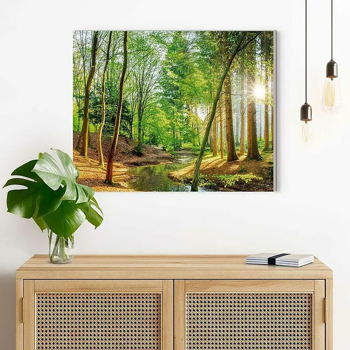 Reinders Decopanel - Spring Woods, B x H: 50 x 40 cm - Ein Waldlandschafts-Leinwandbild hängt über einem Holzschrank mit Monstera-Pflanze und Büchern.
