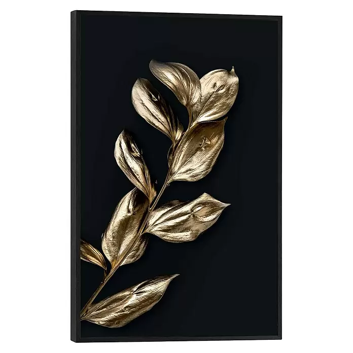 Reinders Bild Slim Frame Black - Little Leafs, B x H: 20 x 30 cm - Dekoratives Kunstwerk mit goldenen Metallblättern auf schwarzem Hintergrund.