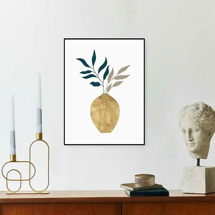 Reinders Bild Slim Frame Black - Golden Vase, B x H: 30 x 40 cm - Kunstdruck mit Pflanzen in Goldvase, minimalistisches Design für moderne Wohnräume, verleiht jedem Raum eine elegante Note.