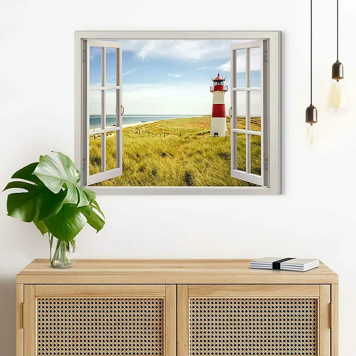 Reinders Decopanel - Lighthouse View, B x H: 50 x 40 cm - Wanddekoration mit einem Fensteraufkleber, der einen Leuchtturm an einem sonnigen Strand zeigt, perfekt für eine maritime Atmosphäre.