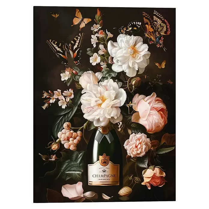 Reinders Leinwandbild Giclee on Canvas - Festive Flowers, B x H: 50 x 70 cm - Grüne Champagnerflasche mit goldenem Etikett, inmitten eines luxuriösen Stilllebens mit Blumen, Trauben und Schmetterlingen.