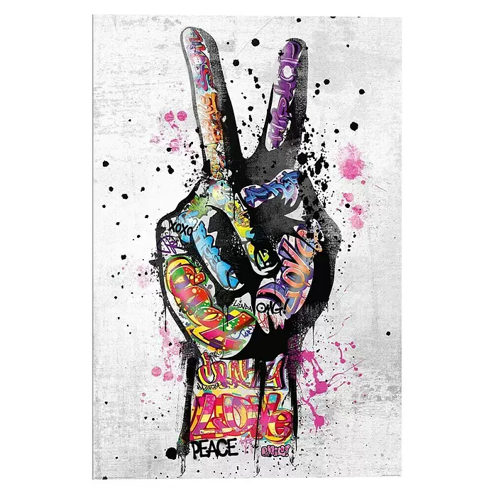 Reinders Decopanel - Peace, B x H: 60 x 90 cm - Graffiti-Kunst-Friedenszeichen-Hand mit bunten Mustern und schwarzer Umrandung.