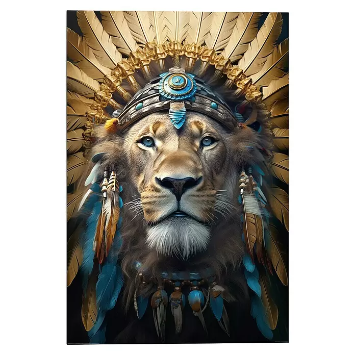 Reinders Decopanel - Ornament Lion, B x H: 60 x 90 cm - Majestätischer Löwe mit blauen Augen, geschmückt mit einem goldenen Federkopfschmuck und blauen Zierornamenten.