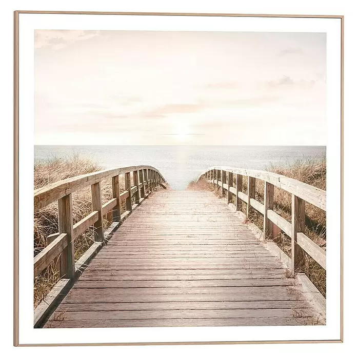 Reinders Bild Slim Frame Wood - Sunny Bridge, B x H: 50 x 50 cm - Gerahmtes Kunstwerk: eine Holzpromenade führt zu einer hellen Meereslandschaft, eingefasst in einen hellen Naturholzrahmen.