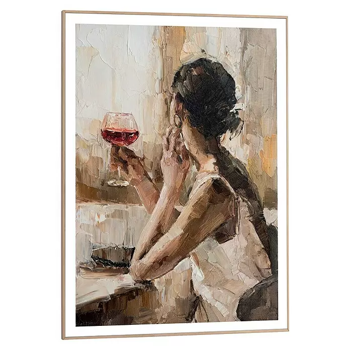 Reinders Bild Slim Frame Wood - Drinking Wine, B x H: 50 x 70 cm - Impasto Gemälde einer Frau von hinten, die ein Glas Rotwein hält. Gerahmt.