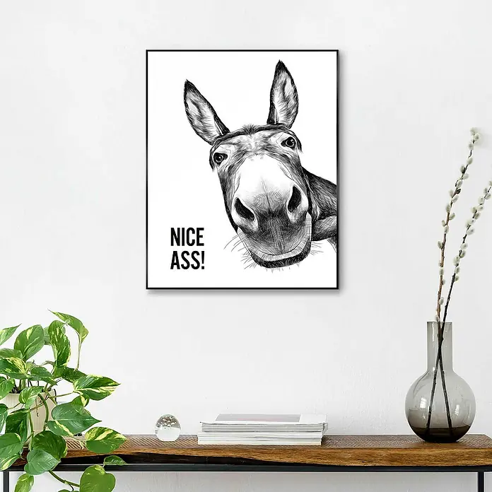 Reinders Bild Slim Frame Black - Donkey, B x H: 40 x 50 cm - Schwarze gerahmte Kunst mit einem Eselkopf und dem Text "NICE ASS!", perfekt für ein humorvolles Wohnambiente.