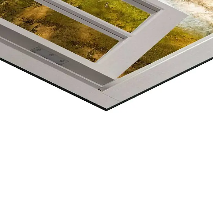 Reinders Decopanel - Forest Window, B x H: 90 x 60 cm - Nahaufnahme eines gerahmten Landschaftsbildes. Der weiße Rahmen betont die Farben und Texturen des Kunstwerks.