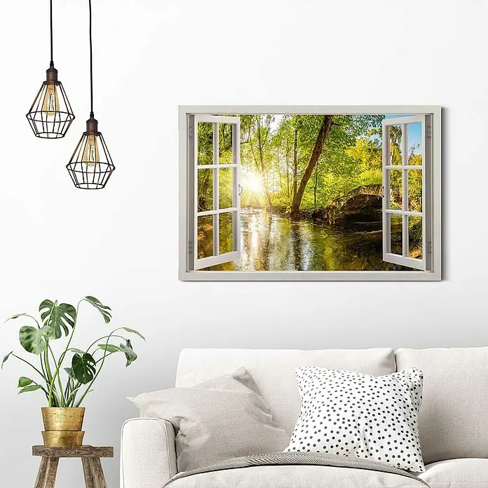 Reinders Decopanel - Forest Window, B x H: 90 x 60 cm - Dekoratives Fensterbild mit malerischem Blick auf einen Fluss im Wald, das eine ruhige und natürliche Atmosphäre schafft.