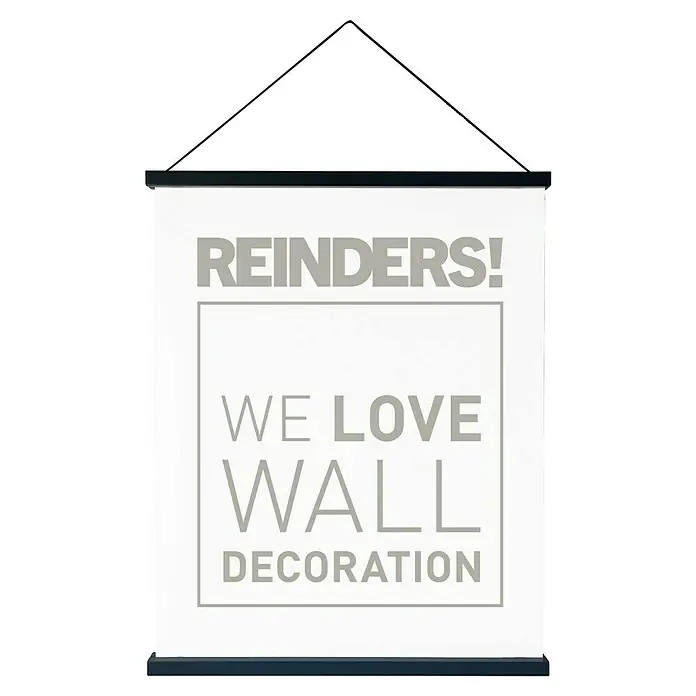 Reinders Posterschienen Click Frame - Schwarz, 21 cm - Ein schlichtes, weißes Wandbild mit dem Aufdruck "REINDERS! WE LOVE WALL DECORATION", das an einer schwarzen Kordel aufgehängt ist.