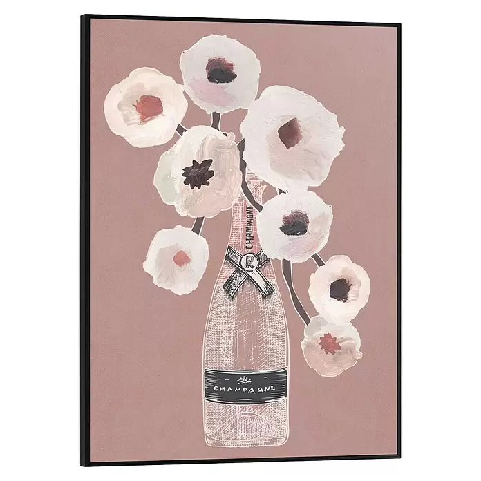 Reinders Bild Slim Frame Black - Champagne, B x H: 30 x 40 cm - Kunstdruck einer skizzierten Champagnerflasche, umgeben von gemalten weißen Blumen auf gedämpftem Hintergrund.