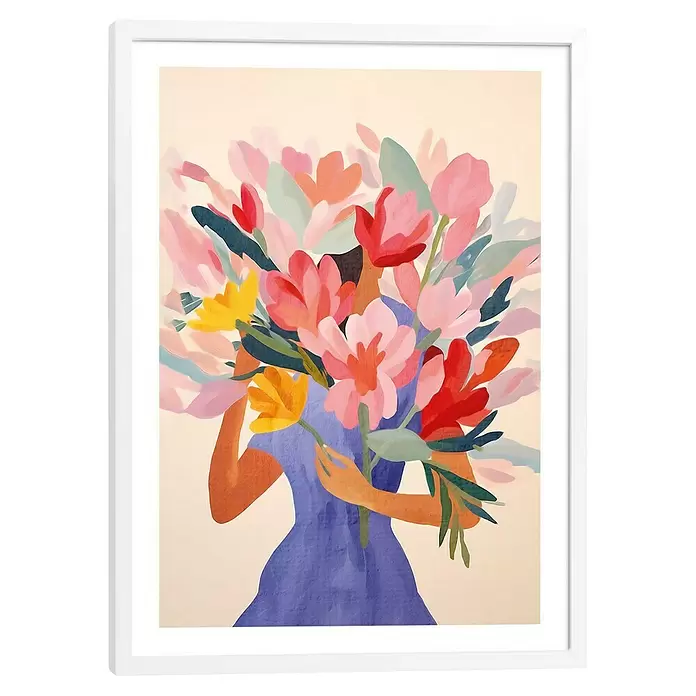 Reinders Bild Modern Frame - Spring Girl, B x H: 50 x 70 cm - Weiß gerahmter Kunstdruck einer abstrakten Illustration einer Person, die einen großen, bunten Blumenstrauß hält.