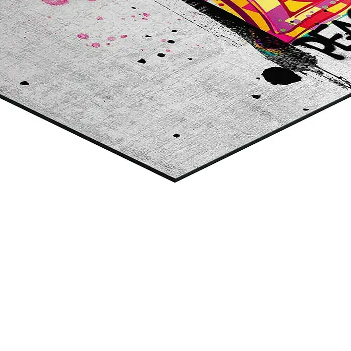 Reinders Decopanel - Peace, B x H: 60 x 90 cm - Nahaufnahme eines modernen Kunstwerks mit lebendigen Farben und abstrakten Elementen auf einer strukturierten Leinwand, gerahmt in schlichtem Schwarz.