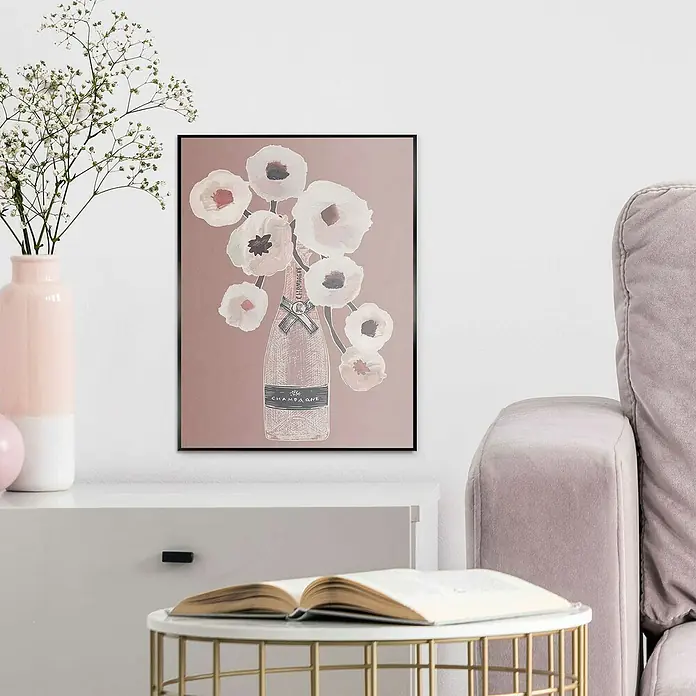 Reinders Bild Slim Frame Black - Champagne, B x H: 30 x 40 cm - Ein gerahmtes Wandbild mit einer Champagnerflasche, aus der Blumen wachsen, verleiht dem Raum eine elegante und künstlerische Note.