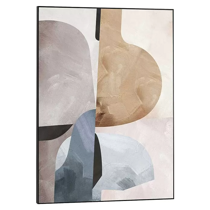 Reinders Bild Slim Frame Black - Soft Abstract I, B x H: 50 x 70 cm - Abstraktes Kunstwerk mit organischen Formen in Beige, Grau und Blautönen, mit Pinselstrichen und schwarzem Rahmen.