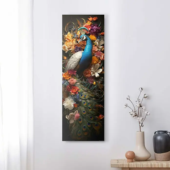 Reinders Decopanel - Colourful Peacock, B x H: 30 x 90 cm - Dieses Gemälde zeigt einen Pfau inmitten üppiger Blumen, eine farbenfrohe und elegante Wanddekoration.