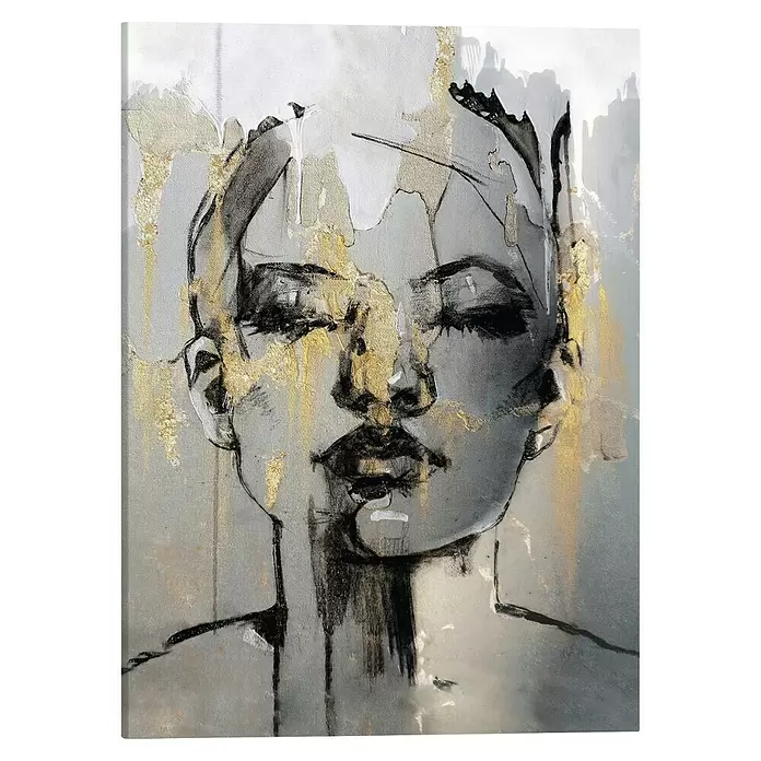 Reinders Leinwandbild Giclee on Canvas - Golden Face, B x H: 50 x 70 cm - Abstraktes Porträt einer Frau in Schwarz, Weiß und Gold, mit strukturierten, tropfenden Details.