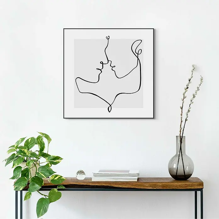 Reinders Bild Slim Frame Black - Love Lines, B x H: 50 x 50 cm - Kunstvolles Wandbild mit einer minimalistischen Strichzeichnung zweier Gesichter in Schwarz-Weiß, das jedem Raum eine elegante Note verleiht.