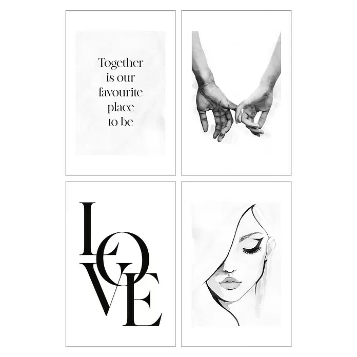 Reinders Poster Art Print - Together, B x H: 20 x 30 cm, 4 -tlg. - Set aus vier Schwarz-Weiß-Kunstdrucken: Spruch, pinky promise Hände, stilisierter „LOVE“-Text und Frauengesicht.
