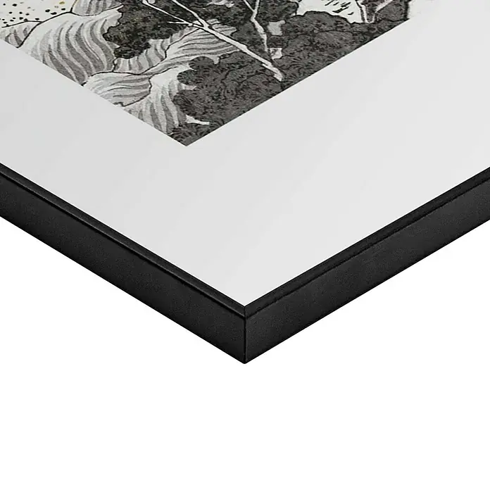 Reinders Bild Slim Frame Black - Hokusai Art, B x H: 50 x 70 cm - Detailaufnahme eines gerahmten Kunstdrucks mit schwarzem Rahmen und weißem Passepartout, der ein Landschaftsmotiv zeigt.