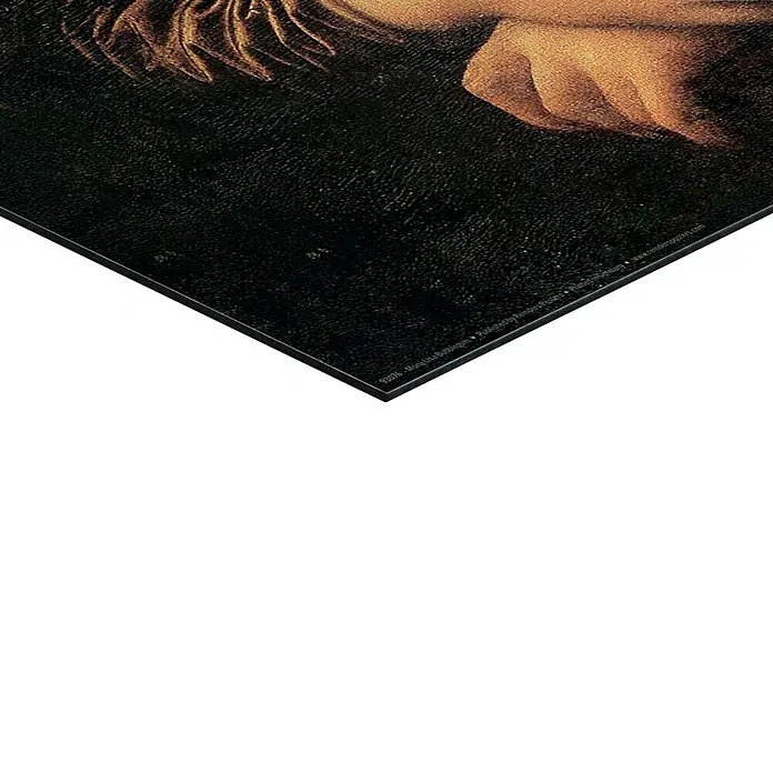 Reinders Decopanel - Mona Lisa Bubblegum, B x H: 40 x 50 cm - Nahaufnahme eines hochwertigen Kunstdrucks "Mona Lisa Bubbles" auf dunklem Hintergrund. Detailreiche Wiedergabe des berühmten Gemäldes.