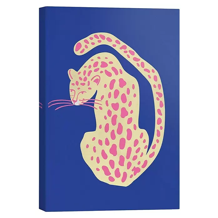 Reinders Leinwandbild Giclee on Canvas - Blue Pink Cat, B x H: 20 x 30 cm - Leinwandbild mit hellgelbem Leoparden mit pinken Flecken auf königsblauem Hintergrund.