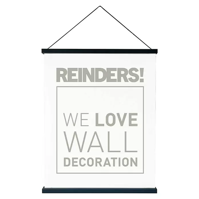 Reinders Posterschienen Click Frame - Schwarz, 92,5 cm - Weißes Poster mit grauem Text 'REINDERS! WE LOVE WALL DECORATION' in einem schwarzen magnetischen Aufhänger mit schwarzer Schnur.