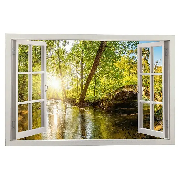 Reinders Decopanel - Forest Window, B x H: 90 x 60 cm - Blick aus dem Fenster auf einen ruhigen Fluss und eine grüne Waldlandschaft mit einer alten Steinbrücke im Hintergrund.