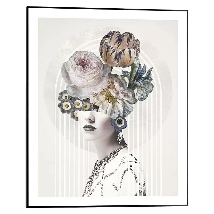Reinders Bild Slim Frame Black - Graphic Female, B x H: 40 x 50 cm - Surreale Collage einer Frau mit Blumenstrauß als Kopf, in gedämpften Farben und elegantem Schmuck.