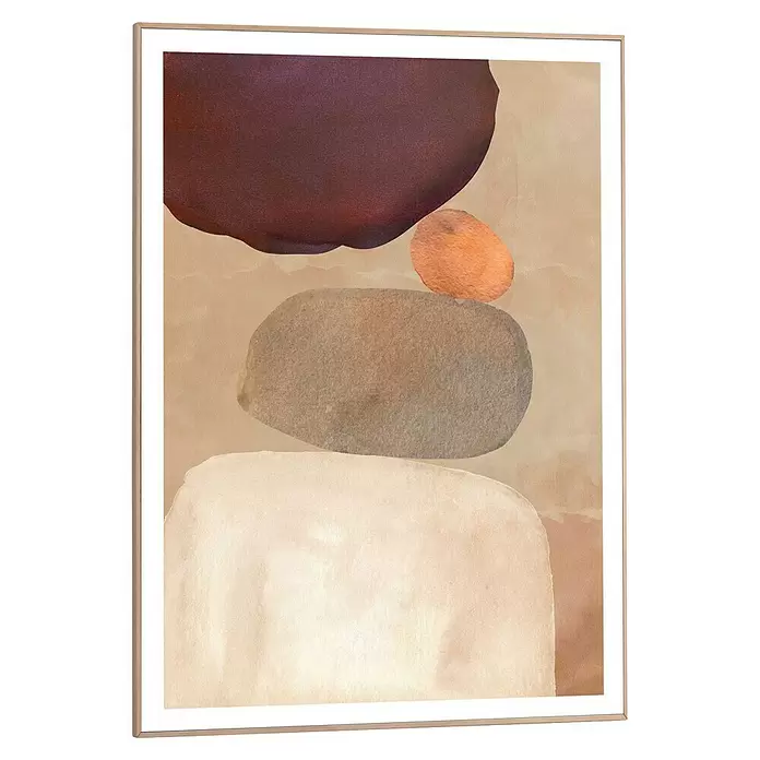 Reinders Bild Slim Frame Wood - Pebble Play, B x H: 50 x 70 cm - Gerahmte abstrakte Kunst mit gestapelten organischen Formen in Dunkellila, Orange, Grau und Creme auf beigem Grund, in hellem Holzrahmen.