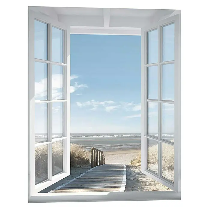 Reinders Decopanel - Northsea Window, B x H: 40 x 50 cm - Blick aus einem geöffneten Fenster auf einen sonnigen Strand. Die frische Brise und der endlose Himmel laden zum Entspannen ein.