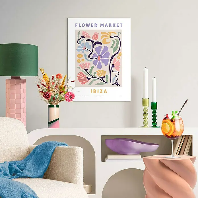 Reinders Bild Slim Frame White - Madrid Flower Market, B x H: 30 x 40 cm - Stillleben mit einem "Flower Market Ibiza" Poster, das eine lebendige und künstlerische Note in den Raum bringt.