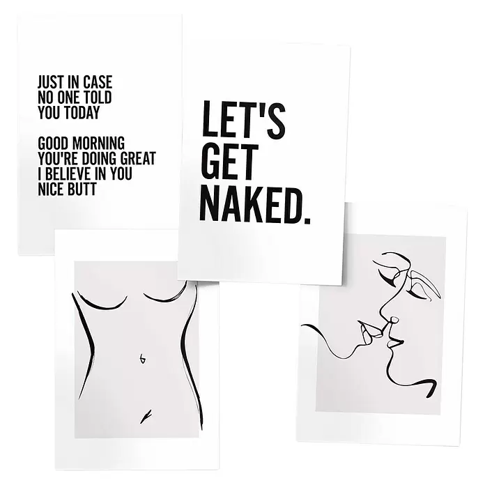 Reinders Poster Art Print - Body Language, B x H: 20 x 30 cm, 4 -tlg. - Vier Kunstdrucke: zwei mit Textzitaten ("Nice Butt", "Let's Get Naked"), zwei mit minimalistischer Linienkunst (weiblicher Torso, küssende Gesichter).