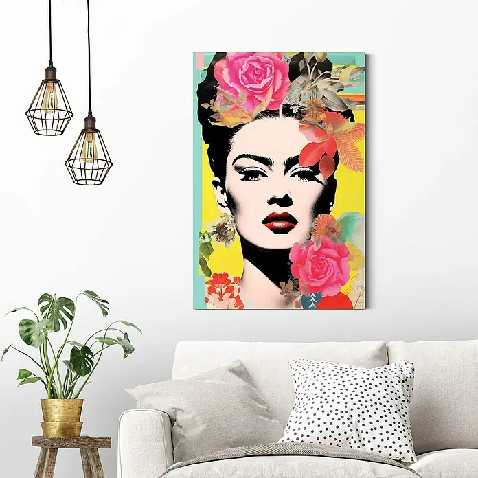 Reinders Decopanel - Frida Pop, B x H: 60 x 90 cm - Ein dekoratives Frida Kahlo-Porträt mit bunten Blumen, das jedem Raum eine künstlerische Note verleiht. Perfekt für Kunstliebhaber.