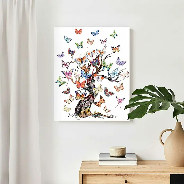 Reinders Decopanel - Butterfly Tree, B x H: 40 x 50 cm - Eine Leinwand mit einem Baum voller bunter Schmetterlinge, die eine ruhige und friedliche Atmosphäre schafft.