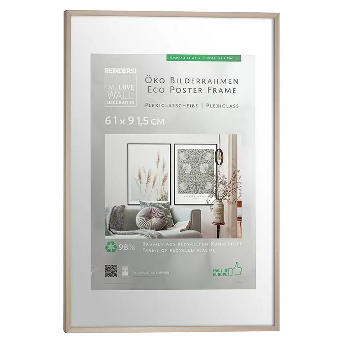 Reinders Kunststoffrahmen Eco Maxi - Wood, Bildformat: 61 x 91,5 cm - Öko-Bilderrahmen aus 98% recyceltem Kunststoff in heller Holzoptik, 61x91,5 cm, mit Plexiglas.