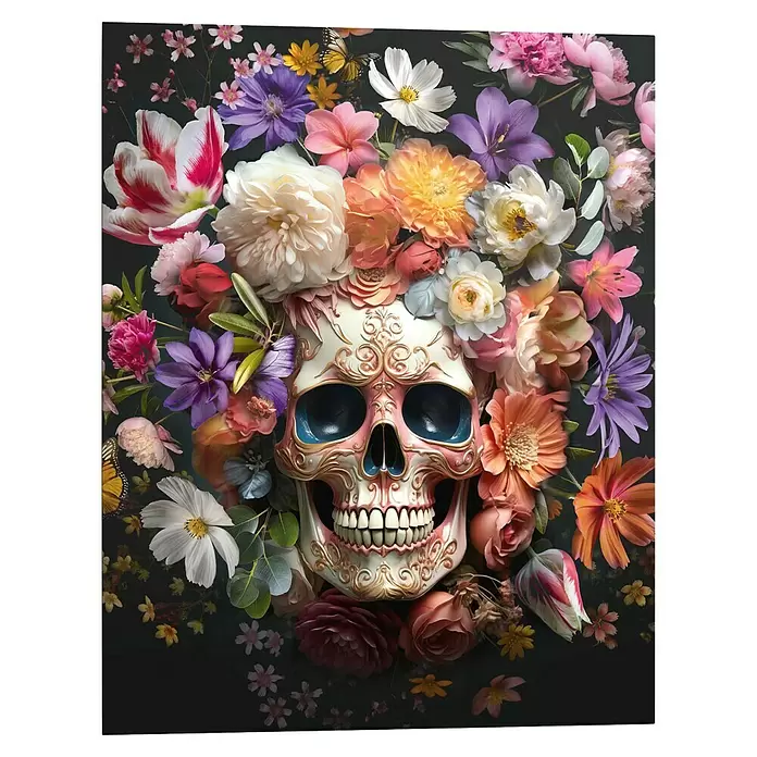 Reinders Decopanel - Floral Skull, B x H: 40 x 50 cm - Verzierter, bunter Totenkopf im Día de los Muertos-Stil, umgeben von leuchtenden Blumen und Schmetterlingen.