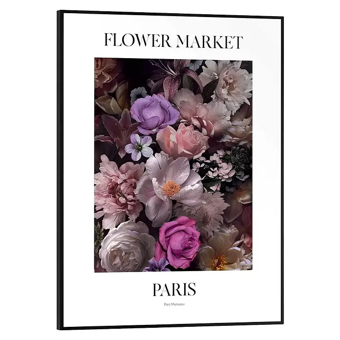 Reinders Bild Slim Frame Black - Rose Garden, B x H: 30 x 40 cm - Schwarz gerahmtes Poster mit buntem Blumenstrauß und 'Flower Market Paris' Text auf weißem Rand.