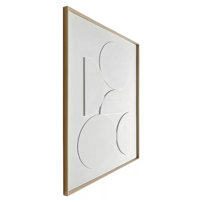 Reinders Bild Relief Art Wood - Planets, B x H: 50 x 70 cm - Minimalistische gerahmte Kunst mit erhabenen weißen geometrischen Formen (Kreise, Bögen) auf weißem Grund, in hellem Holzrahmen.