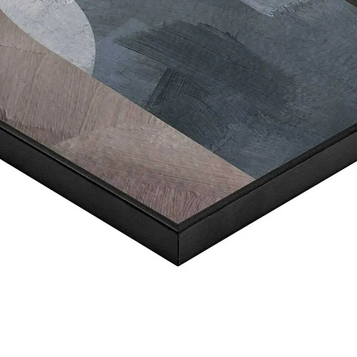 Reinders Bild Slim Frame Black - Soft Abstract I, B x H: 50 x 70 cm - Nahaufnahme eines gerahmten abstrakten Kunstwerks mit Farbflächen in Grau, Braun und Blautönen, das eine moderne Ästhetik ausstrahlt.