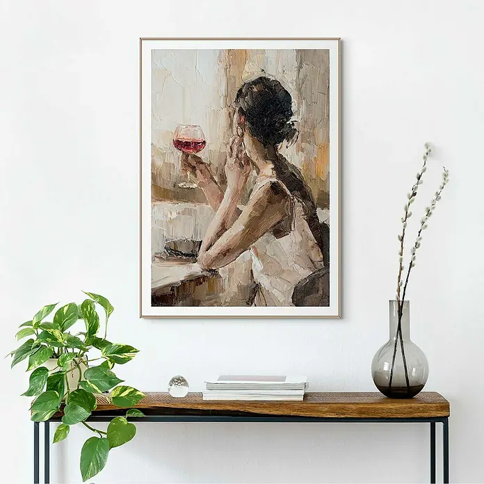 Reinders Bild Slim Frame Wood - Drinking Wine, B x H: 50 x 70 cm - Gemaltes Stillleben einer Frau mit Weinglas, ein elegantes Kunstwerk. Ideal für ein stilvolles Ambiente.