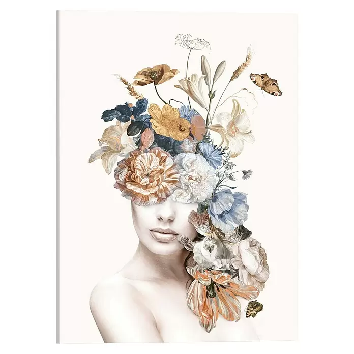 Reinders Leinwandbild Giclee on Canvas - Floral Lady, B x H: 50 x 70 cm - Kunstvoller Druck einer Frau, deren Gesicht teilweise von einem großen, farbenfrohen Blumenkopfschmuck und Schmetterlingen verdeckt ist.