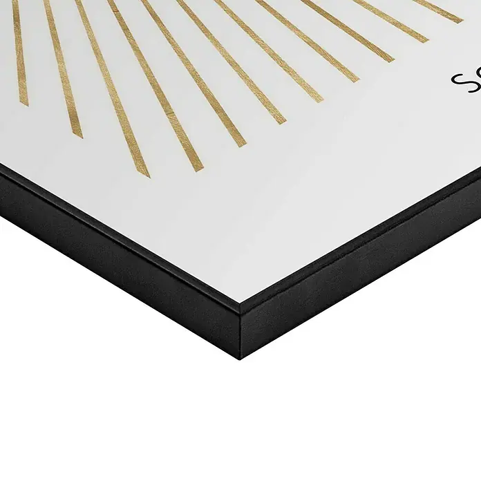 Reinders Bild Slim Frame Black - Sun, B x H: 40 x 50 cm - Detailansicht eines gerahmten Kunstwerks mit goldenen Linien auf weißem Grund, das einen stilvollen Akzent in jedem Raum setzt.