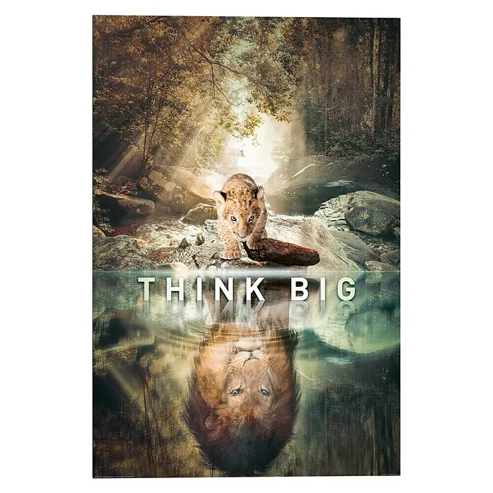 Reinders Decopanel - Think Big, B x H: 60 x 90 cm - Inspirierendes Poster mit einem Löwenjungen, der sein Spiegelbild als mächtigen Löwen sieht. "Think Big" Botschaft für Motivation.