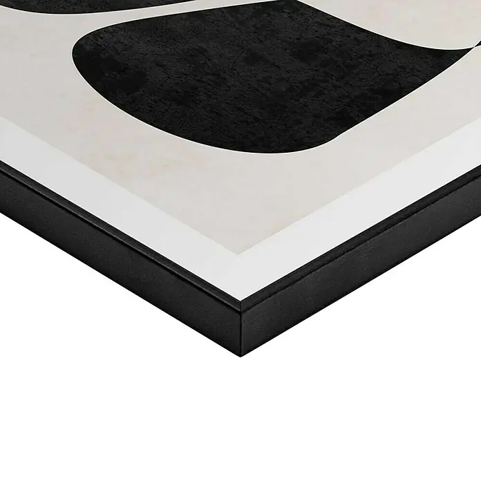 Reinders Bild Slim Frame Black - Imagination, B x H: 40 x 50 cm - Nahaufnahme eines gerahmten Kunstwerks mit abstraktem Schwarz-Weiß-Design, das die minimalistische Ästhetik und die Rahmendetails hervorhebt.