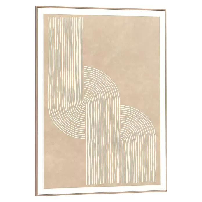 Reinders Bild Slim Frame Wood - Sandy Knot, B x H: 50 x 70 cm - Gerahmter abstrakter Kunstdruck mit beigem Hintergrund und weißen geometrischen Linien.