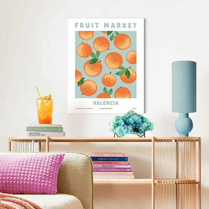 Reinders Bild Slim Frame White - Valencia Oranges, B x H: 40 x 50 cm - Ein farbenfrohes "Fruit Market Valencia"-Poster mit Orangenmuster, das eine frische und lebendige Atmosphäre in jeden Raum bringt.