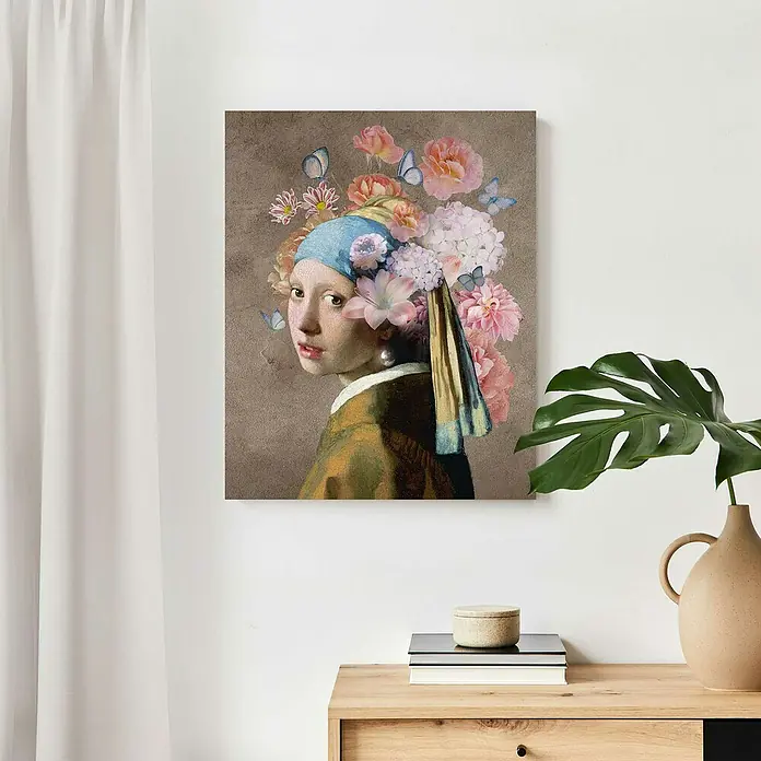 Reinders Decopanel - Colour Pearl Girl, B x H: 40 x 50 cm - Wandkunst mit dem Gemälde „Mädchen mit dem Perlenohrring“ mit Blumen und Schmetterlingen für eine stilvolle Wanddekoration.