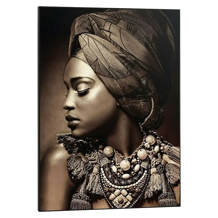 Reinders Bild Slim Frame Black - African Beauty, B x H: 50 x 70 cm - Ein gerahmtes Porträt einer Frau mit Turban und Halskette, das in Sepiatönen gehalten ist. Elegante Dekoration für ein stilvolles Ambiente.
