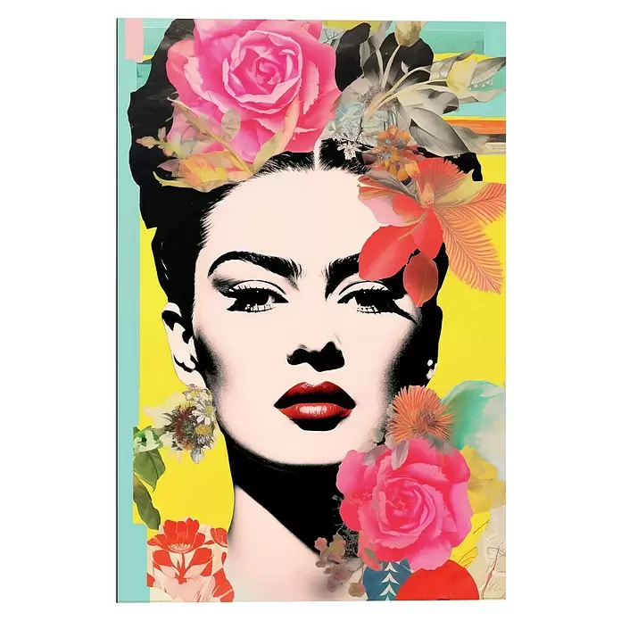 Reinders Decopanel - Frida Pop, B x H: 60 x 90 cm - Pop-Art-Porträt von Frida Kahlo mit leuchtenden Blumen in den Haaren und um den Hals, auf hellem gelben Hintergrund.
